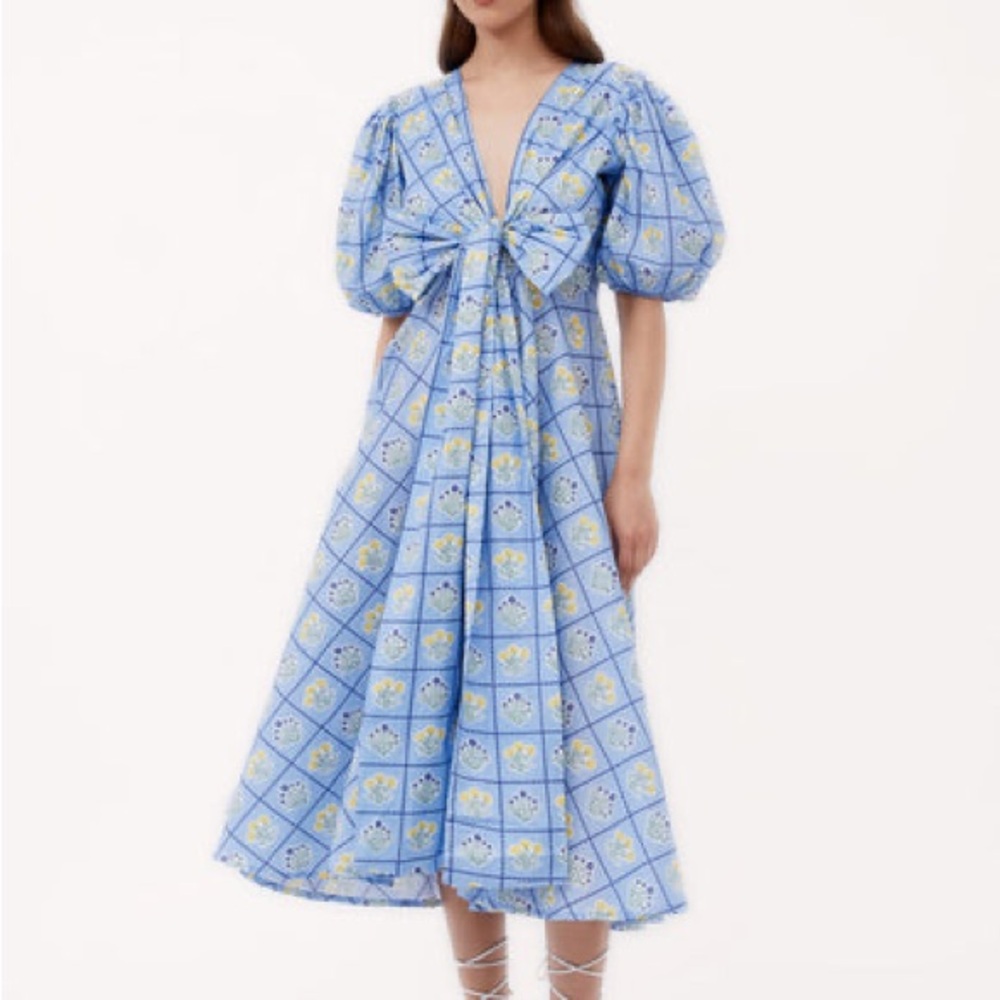Anthropologie Simply Vera Wang Light Blue Floral Tie-Front Puff-Sleeve Midi Dres